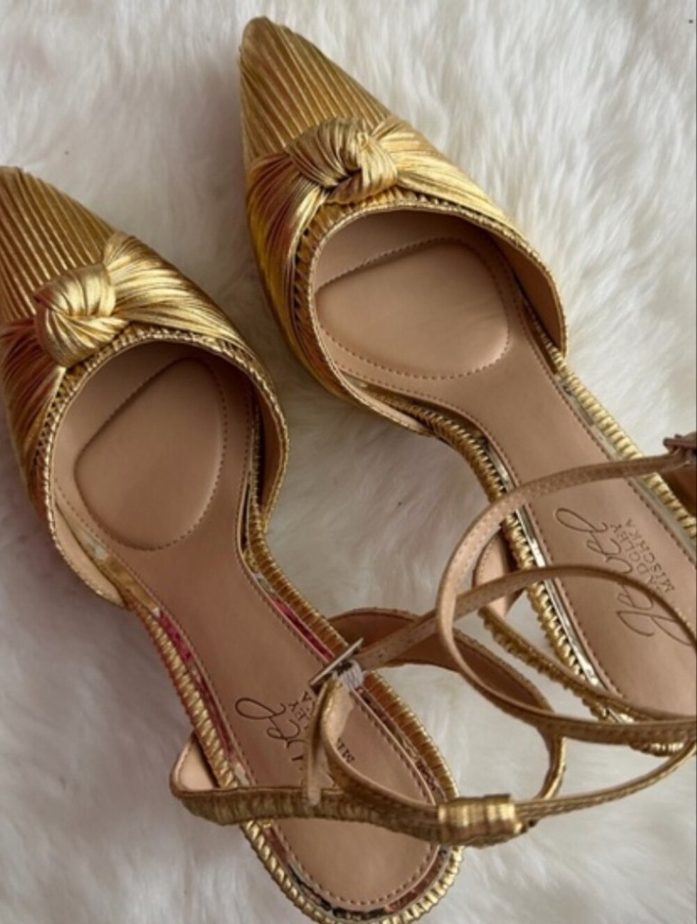 Gold Metallic Knotted Pointed-Toe Ankle-Strap Heel